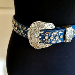 Nocona Blue Leather Belt Clear Crystal Stud Silver Tone Buckle Western Small 26"